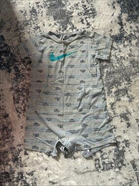 Nike Grey Baby One-Piece with Teal Swoosh and Sneaker Print